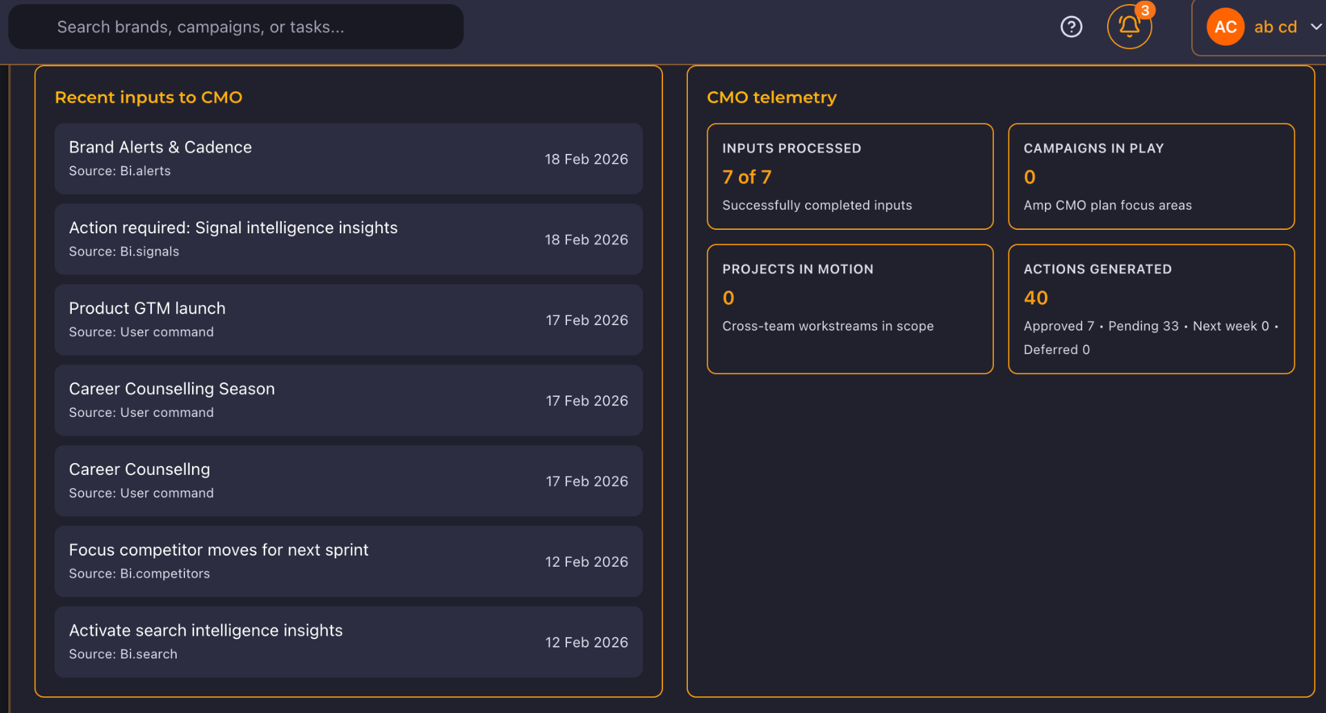 AmpPilot CMO Command — showing recent inputs to CMO and CMO telemetry dashboard