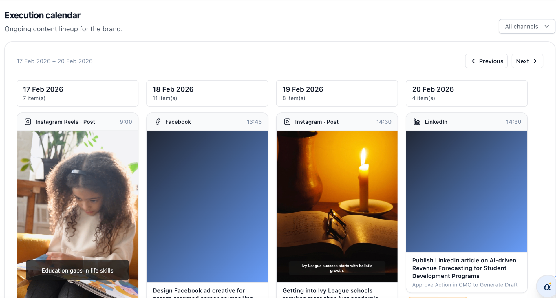 Execution calendar showing scheduled content across Instagram, Facebook, and LinkedIn